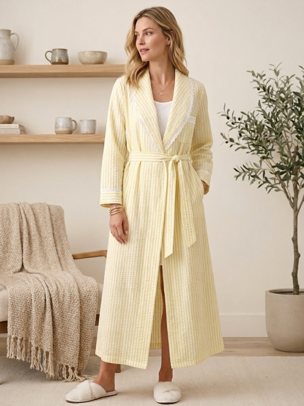 Vintage Lord & Taylor Medium Seersucker Robe Yellow White Stripe Lace Trim M